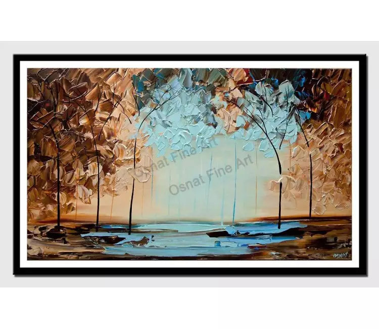 print on paper - canvas print of modern-textured-blue-brown-blooming-trees-painting