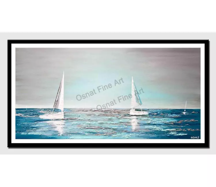 print on paper - canvas print of modern teal abstract sailboats painting
