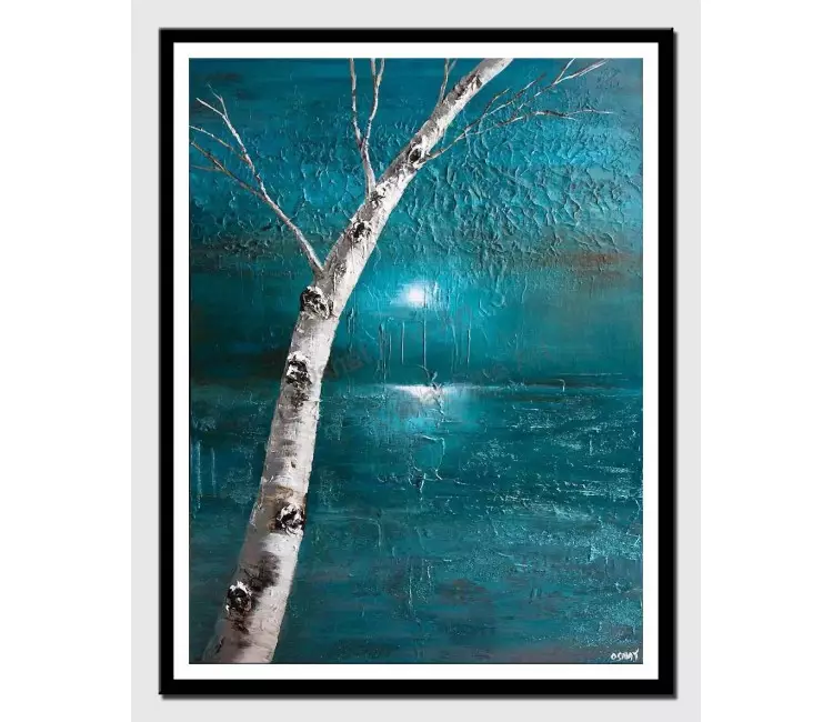 print on paper - canvas print of teal landscape modern wall art by osnat tzadok birch tree painting