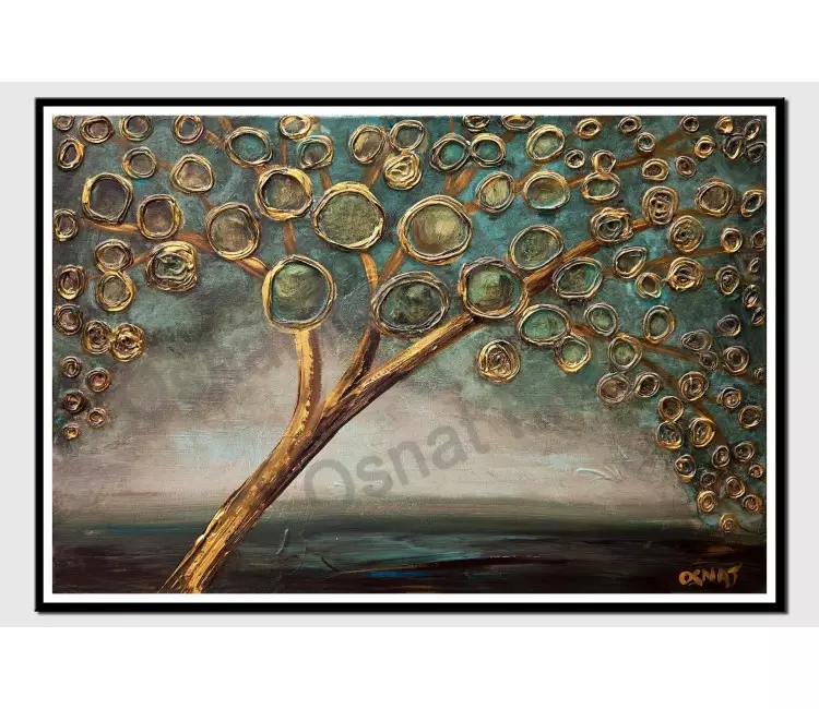 print on paper - gold-teal-abstract-tree-painting