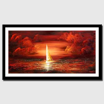 canvas print of sailing boat red clouds