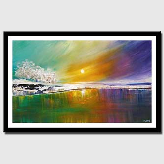 canvas print of modern landscape art lake trees and colorful sky