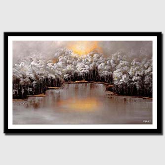canvas print of landscape painting white forest near a river
