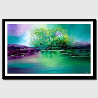 canvas print of landscape of group of green trees near lake