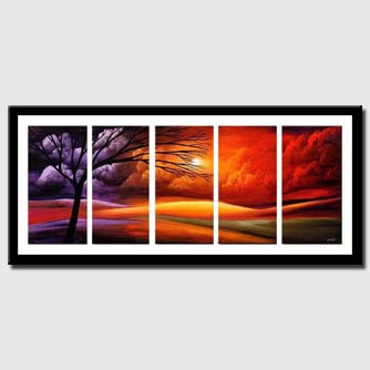 canvas print of multi panel landscape painting of sunset in red