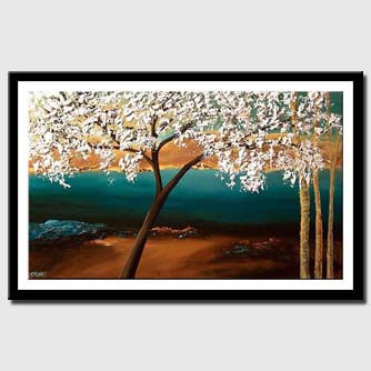 canvas print of flowering almond tree on landscape backgrond