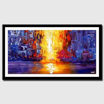 canvas print of abstract passage painting in blue yellow and red tones