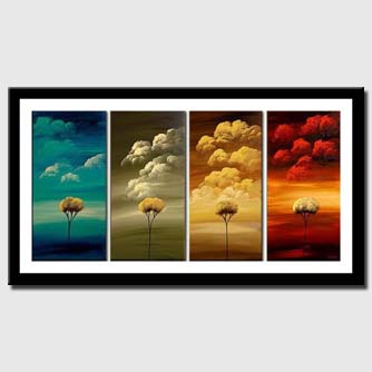 canvas print of multi panel painting of trees and colorful clouds