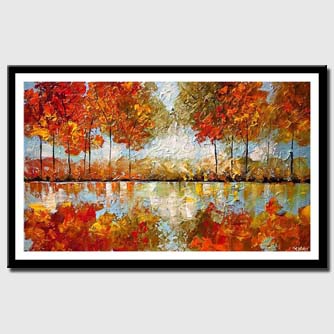 canvas print of blooming trees with reflection in river