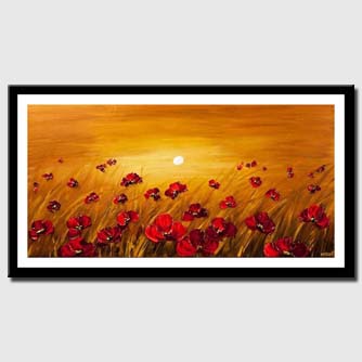 canvas print of a field of poppy flowers on a sunrise background