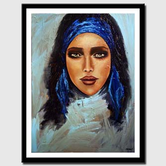 canvas print of painting of amazingly beautiful woman face with blue ribbon