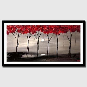 canvas print of  Abstract Red Blooming Trees on Gray Landscape