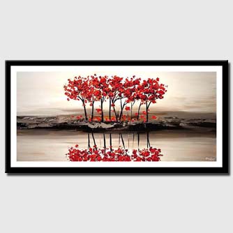 canvas print of red blooming trees on white textured landscape painting