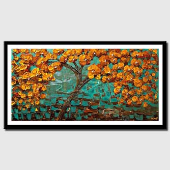 canvas print of orange blooming tree on turquoise background