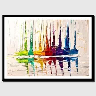 canvas print of colorful boats on white palette knife