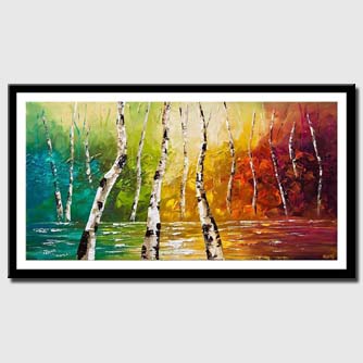 canvas print of colorful landscape birch trees palette knife