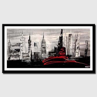 canvas print of black white abstract city painting heavy impasto textured palette knife