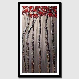 canvas print of silver birch tree abstract  painting red tree tops palette knife