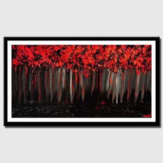 canvas print of red forest on black background blooming trees painting heavy impasto