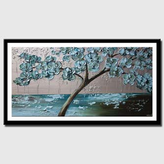 canvas print of flowering tree painting light blue silver palette knife