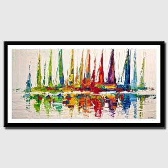 canvas print of colorful sailboats painting on white background modern palette knife