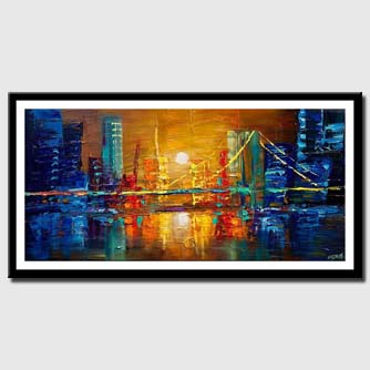canvas print of abstract city bridge painting heavy impasto textured palette knife