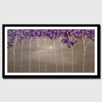 canvas print of purple blooming trees on silver background modern palette knife landscape painting