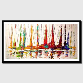 canvas print of colorful sailboats textured contemporary white abstract seascape painting