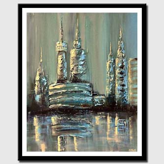 canvas print of blue cityscape abstract modern heavy impasto