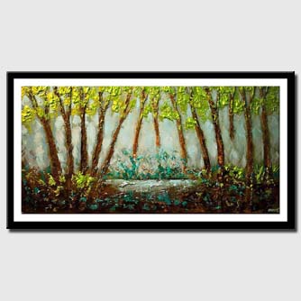 canvas print of Textured landscape abstract blooming trees green blue painting