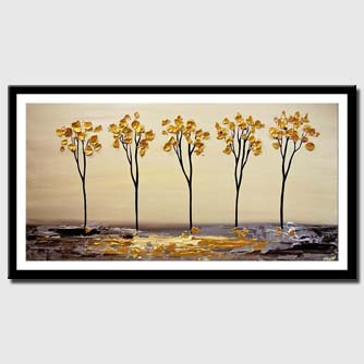 canvas print of golden blooming trees on silver abstract landscape painting textured