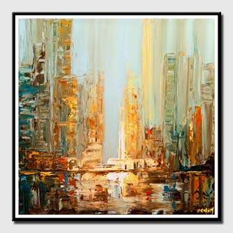 canvas print of city abstract painting blue brown textured skyscrapers abstract painting