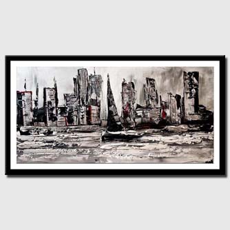 canvas print of city skyline boat abstract painting white black