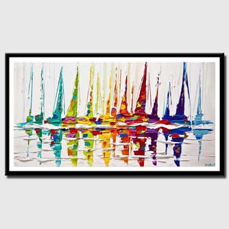 canvas print of sailboats painting colorful palette knife art