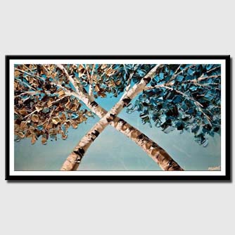 canvas print of modern palette knife blooming birch trees painting