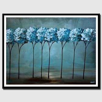 canvas print of teal blooming trees painting