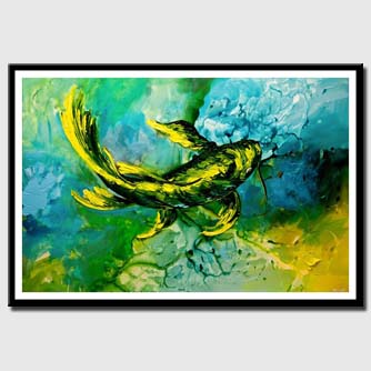 canvas print of green yellow koi fish painting