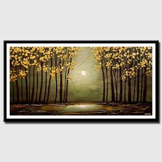 canvas print of green forest golden leaves painting textured landscape art