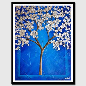 canvas print of cherry blossom painting blue silver blooming tree painting
