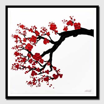 canvas print of modern textured red blossom tree painting
