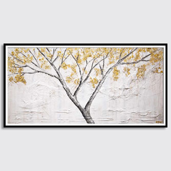 canvas print of abstract textured painting gold blooming trees white painting